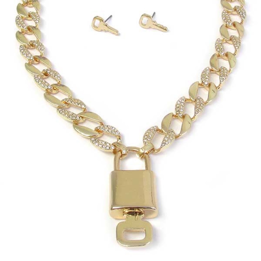 Lock & Key Cuban Crystal Gold Plated Necklace